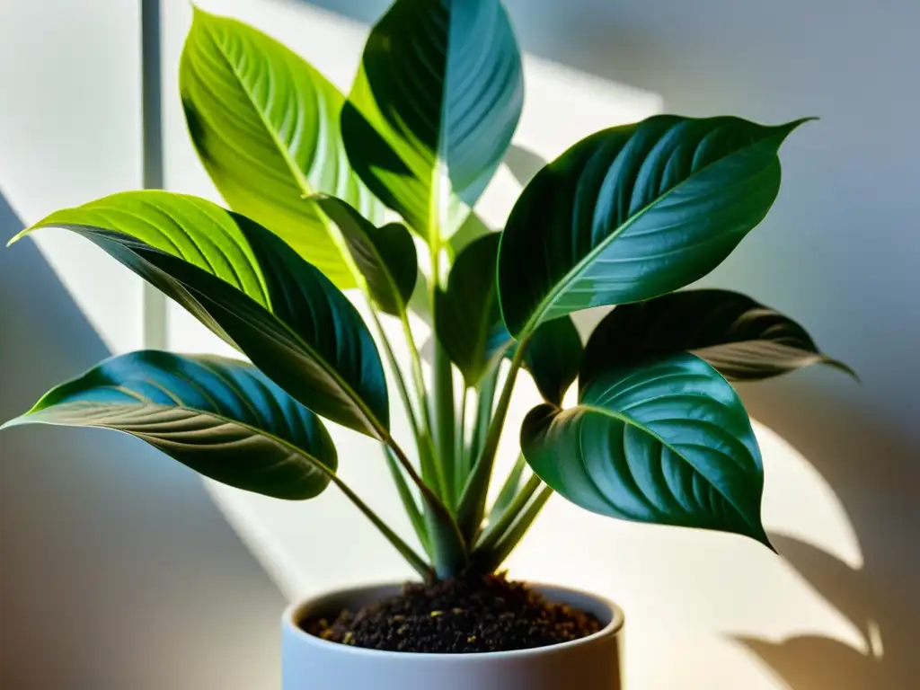 Una planta de interior verde y saludable en una maceta de cerámica, iluminada por el sol