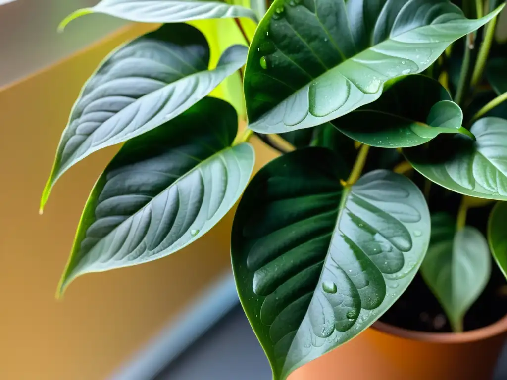 Planta de interior verde y saludable bañada en luz cálida, con hojas brillantes