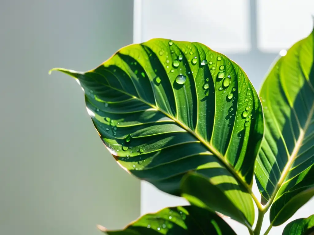 Planta de interior vibrante con delicadas gotas de agua, transpiración y cuidados