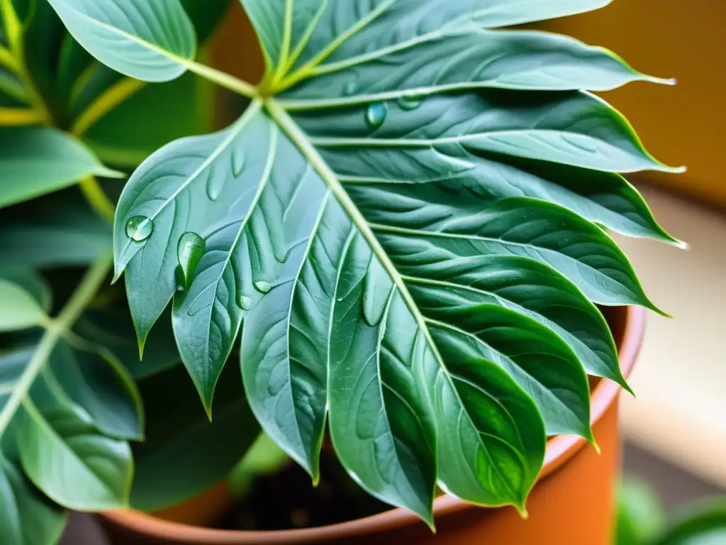 Planta de interior vibrante y saludable, con hojas exuberantes libres de daños, mostrando un patrón de venas y gotas de agua