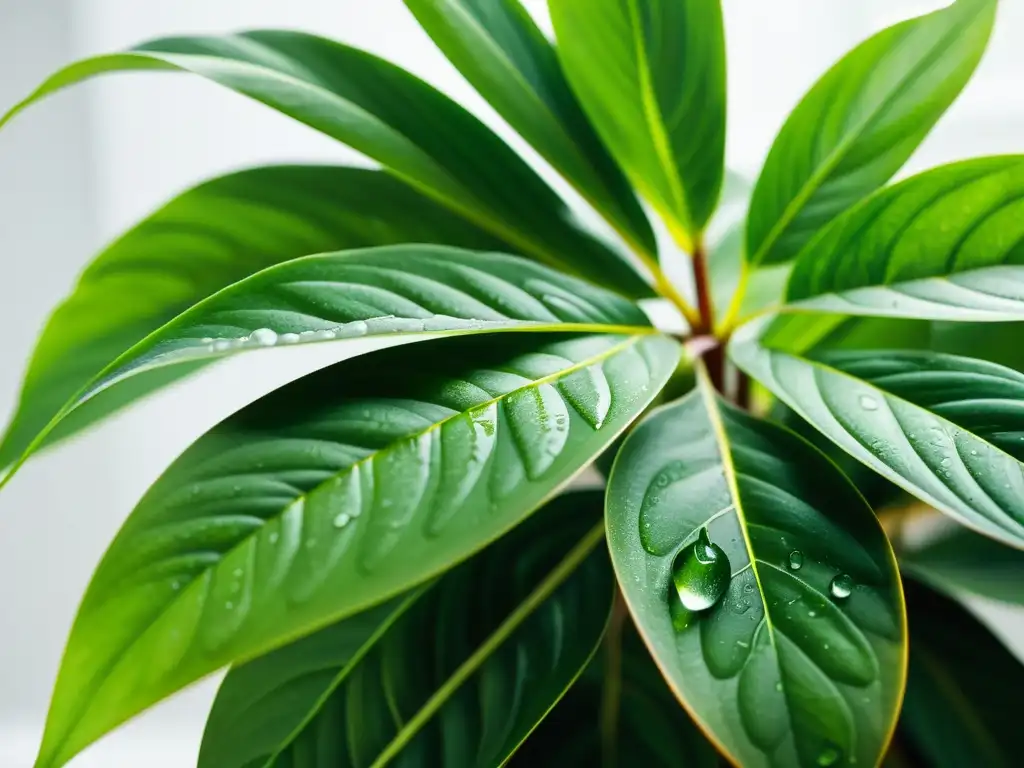 Planta de interior vibrante y saludable con gotas de agua, iluminada suavemente