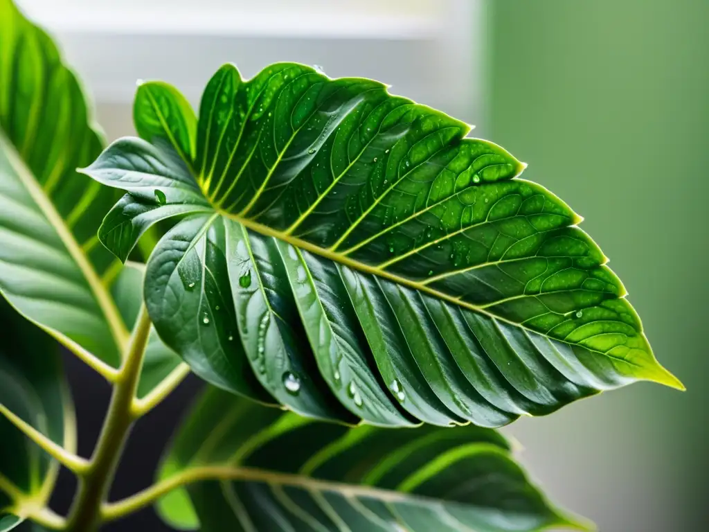 'Una planta de interior vibrante y saludable, con patrones intrincados en sus hojas y delicadas gotas de agua, iluminada suavemente