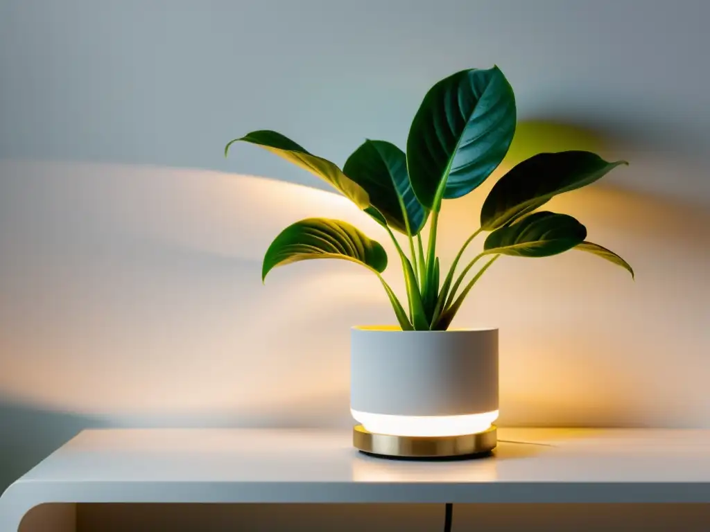 Una planta interior vibrante se adapta a la iluminación suave de una lámpara LED, creando una atmósfera serena