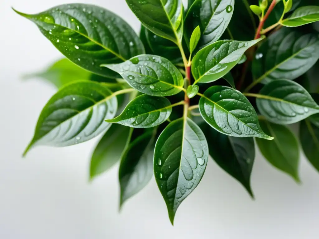 Planta de té en interiores con hojas verdes vibrantes y gotas de agua, emanando serenidad y belleza natural