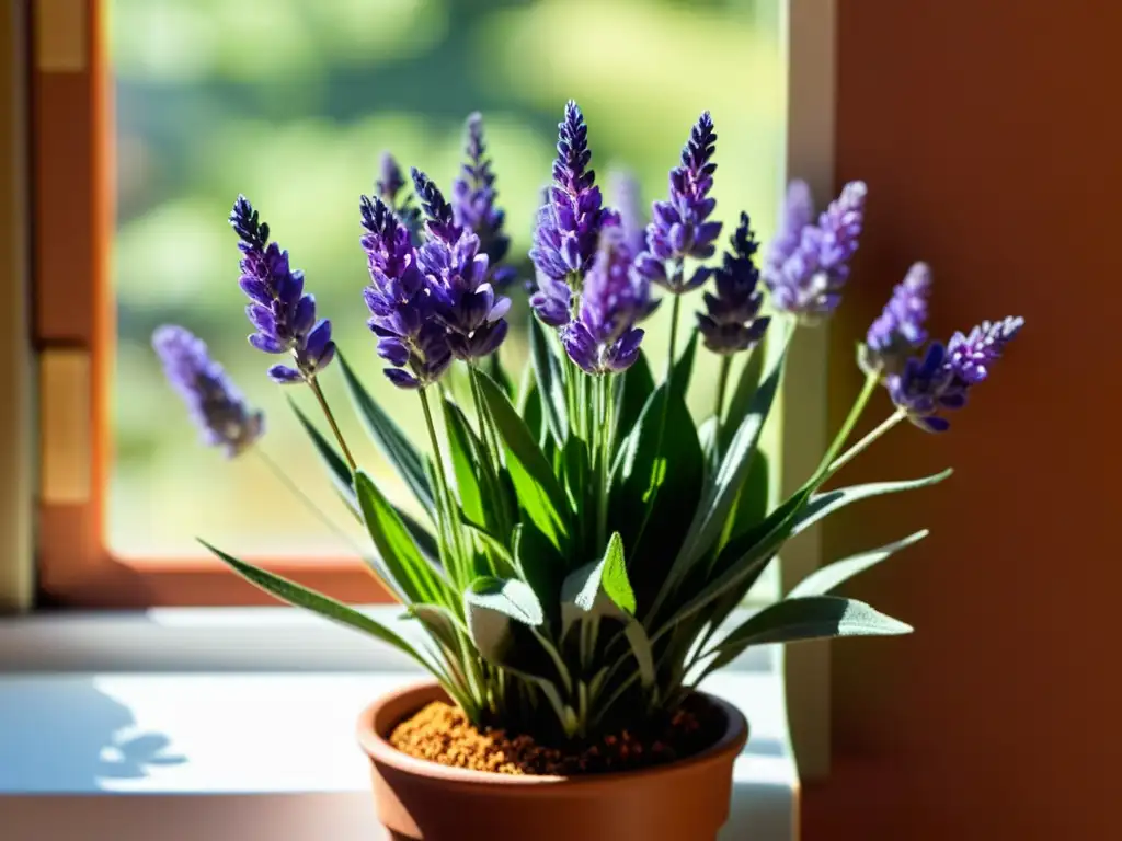 Una planta de lavanda púrpura vibrante, en flor, en una maceta en una soleada repisa