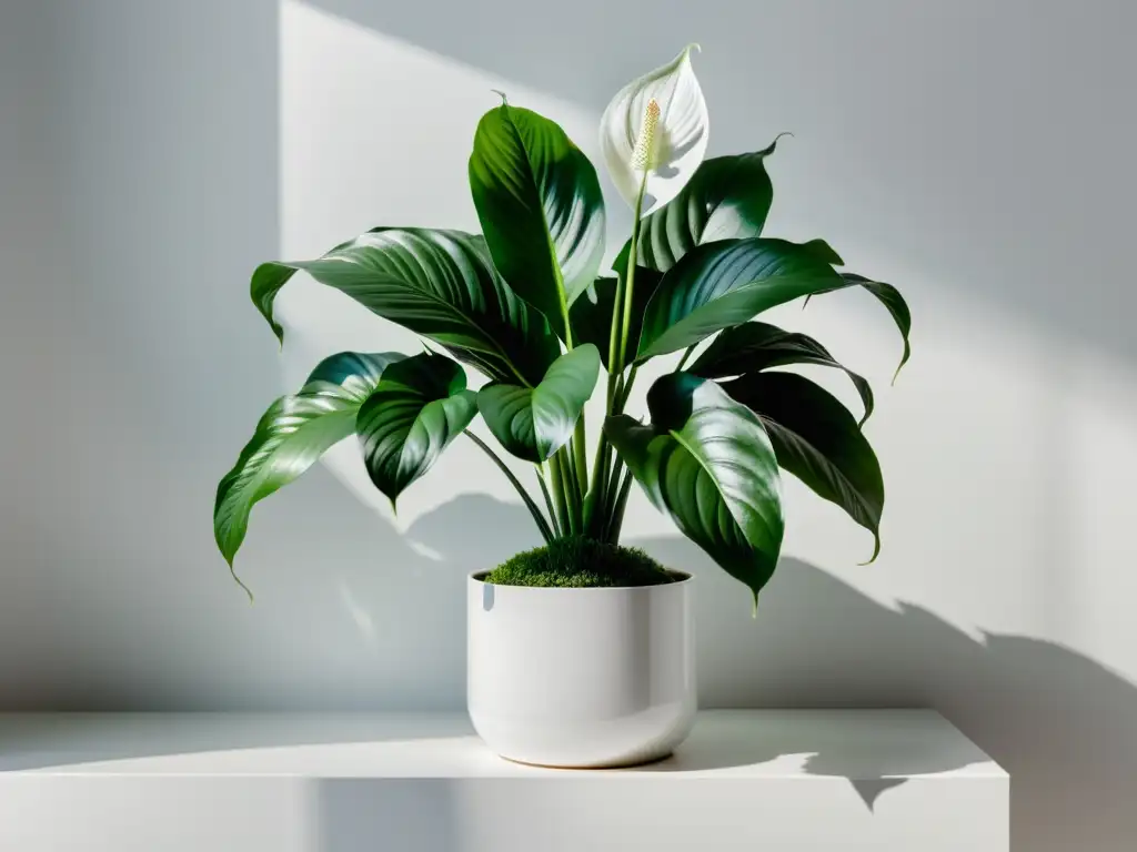 Una planta de lirio de la paz exuberante y verde descansa elegantemente en un soporte blanco moderno, en contraste con una pared blanca