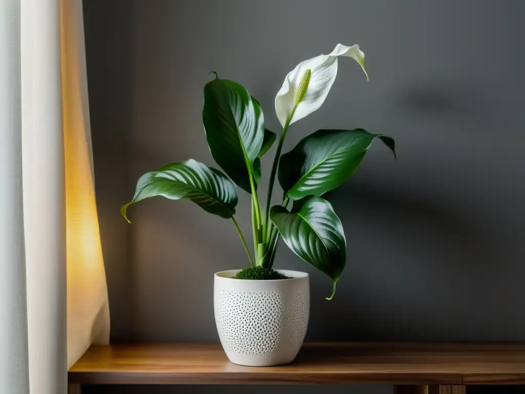 Una planta de lirio de la paz exuberante se encuentra en una elegante maceta blanca sobre un estante de madera, bañada por luz suave