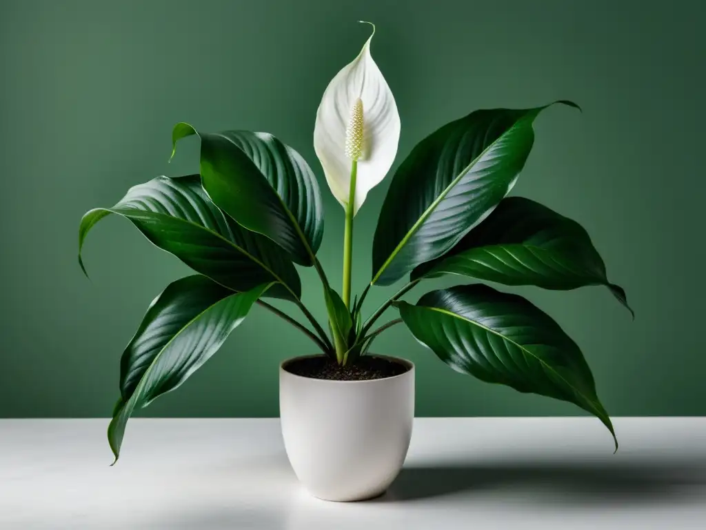 Una planta de lirio de la paz con hojas verdes y una flor blanca en un entorno moderno