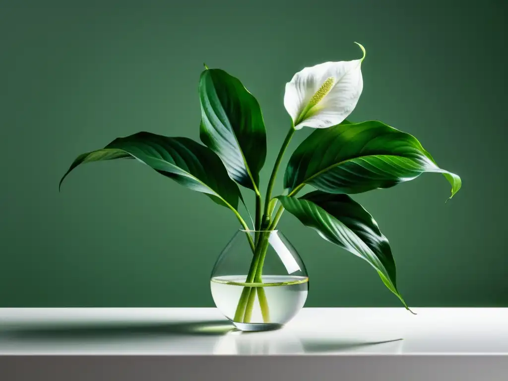 Una planta de interior, lirio de la paz, brilla en luz natural sobre una mesa blanca