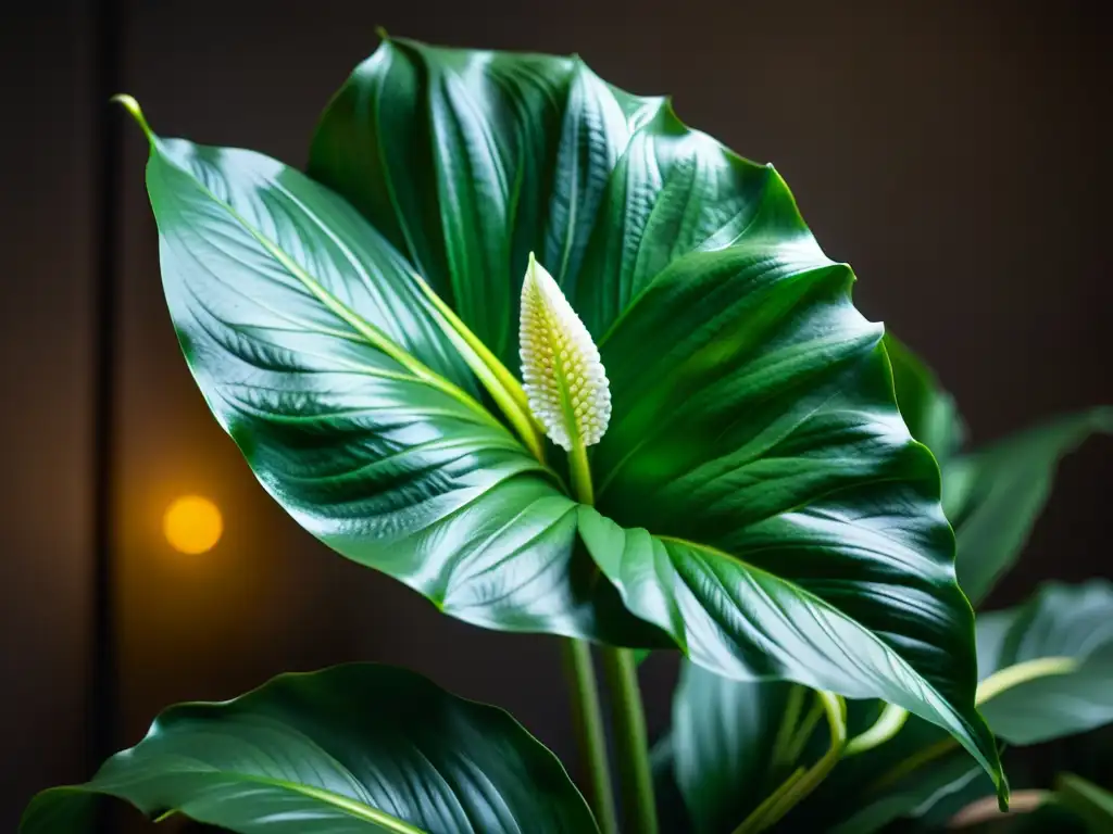 Planta de interior lirio de la paz verde exuberante, mostrando efectos de luz tenue, resalta su adaptabilidad a condiciones de poca luz