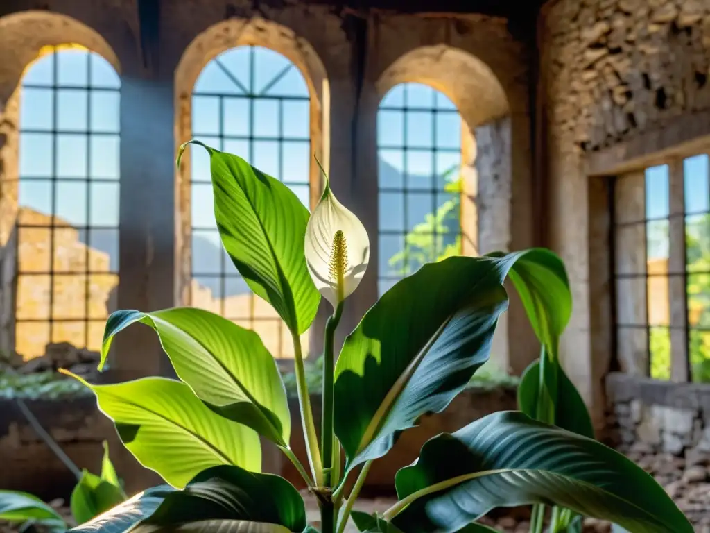 Una planta de lirio de la paz verde vibrante crece entre ruinas, con luz solar filtrándose a través de ventanas rotas