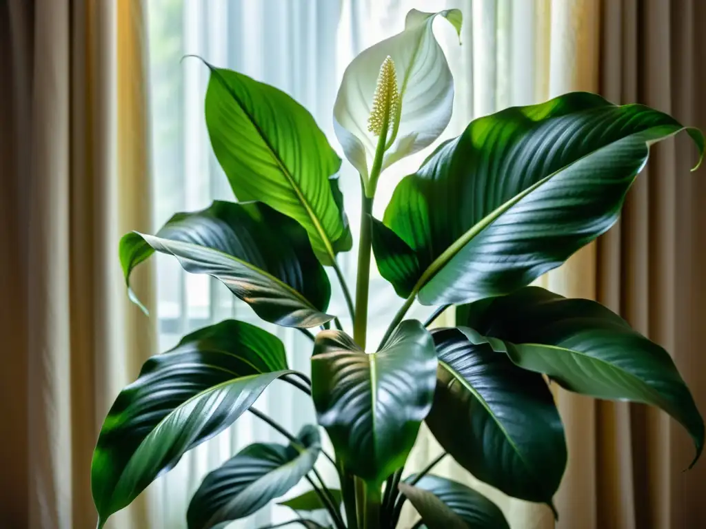 Planta de poca luz cuidados: una exuberante planta lirio de la paz floreciendo en una habitación con luz tenue, resaltando su belleza y resiliencia