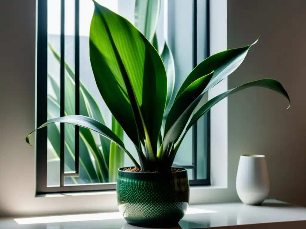 Planta de poca luz cuidados: Serpentina verde exuberante en interior tenue, destacando su resistencia y belleza natural