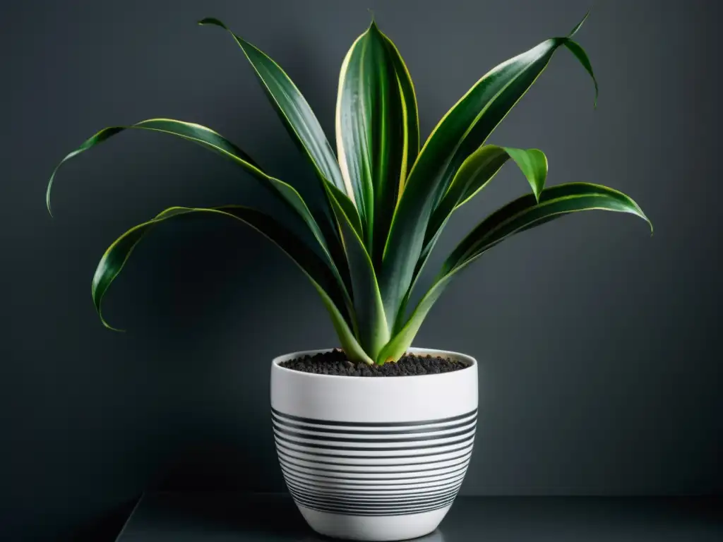 Planta de interior sansevieria en maceta blanca, destaca en ambiente oscuro