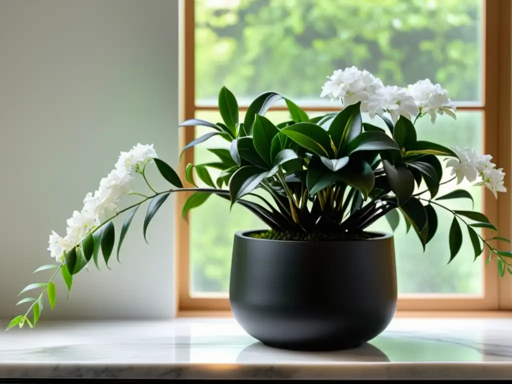 Una planta de jazmín en maceta negra sobre mesa de mármol blanco, iluminada por luz natural, evocando calma y beneficios jazmín planta interior