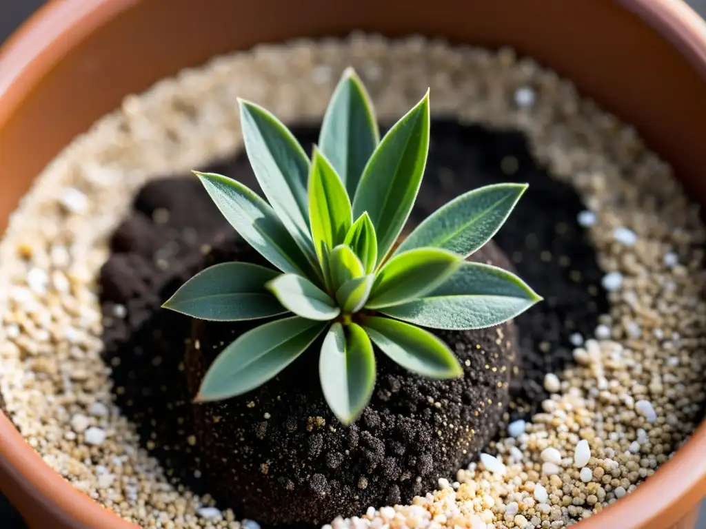 Planta de maceta con suelo rico, gravilla y perlita para drenaje óptimo