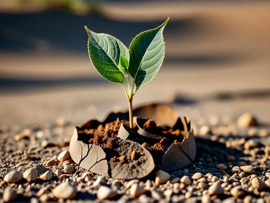 Una planta marchita con hojas secas y suelo agrietado transmite el impacto del estrés térmico en las plantas