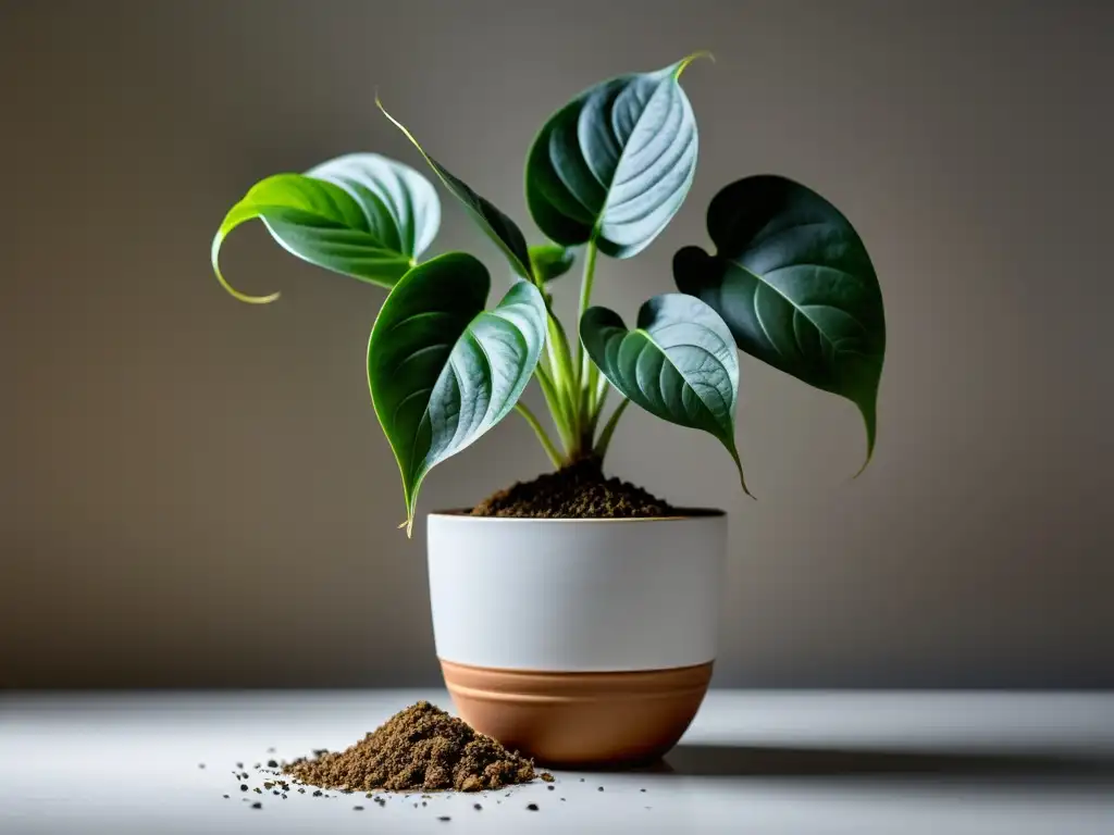 Planta de interior marchita en maceta moderna, con hojas pálidas y suelo seco agrietado