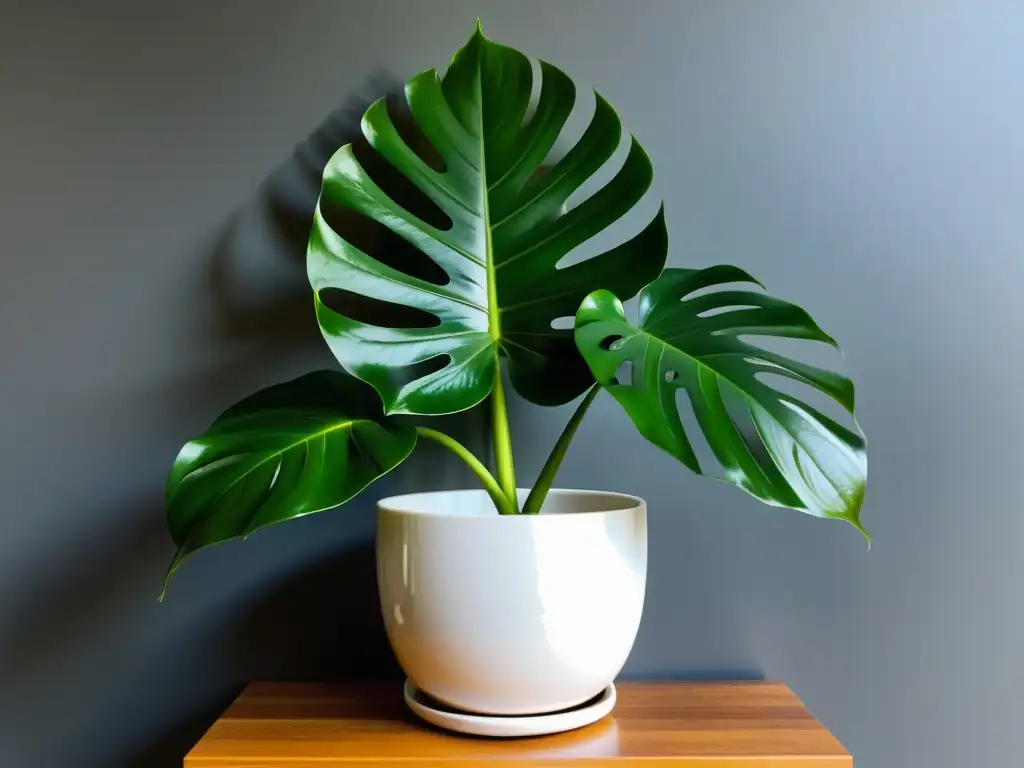 Monstera en maceta blanca: juego de luces y sombras Planta de monstera verde exuberante en maceta blanca sobre soporte de madera, mezcla texturas y colores plantas interior