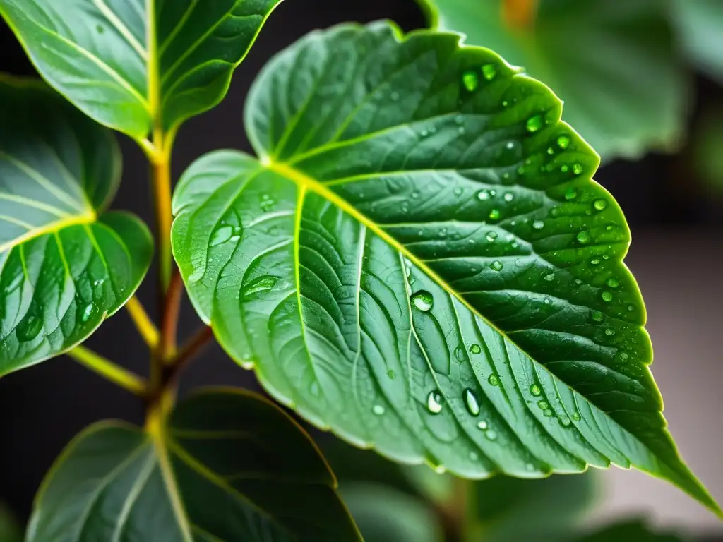 Una planta de oficina exuberante y verde muestra detalles intrincados con riego ideal, transmitiendo tranquilidad y cuidado