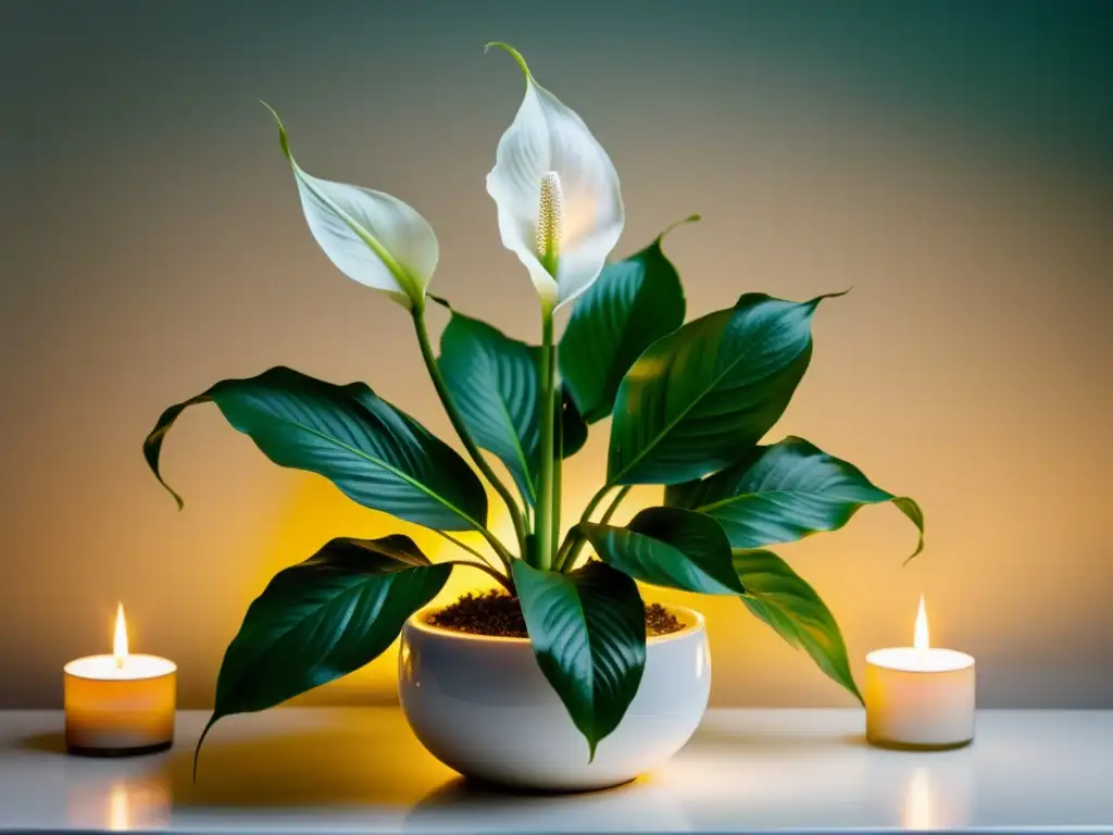 Una planta de paz exuberante y verde descansa sobre un altar blanco, rodeada de velas brillantes