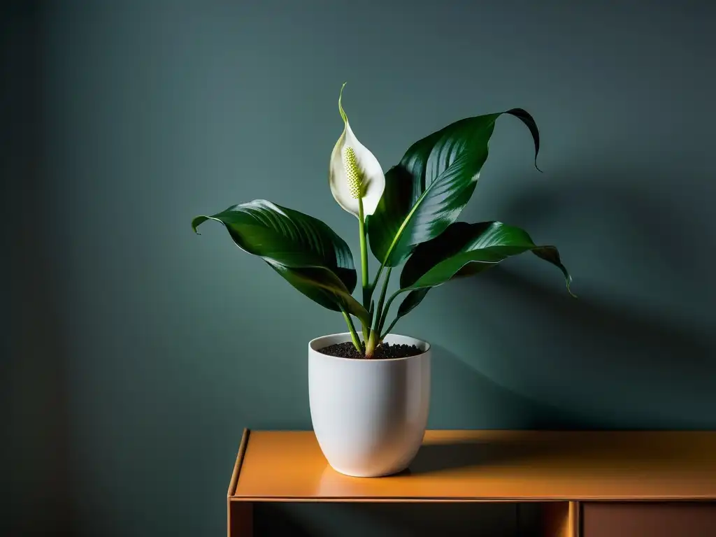 Planta de interior: Lirio de la paz en ambiente sereno Una planta de interior próspera en penumbra: un lirio de la paz verde exuberante en un soporte moderno, iluminado por una suave luz difusa