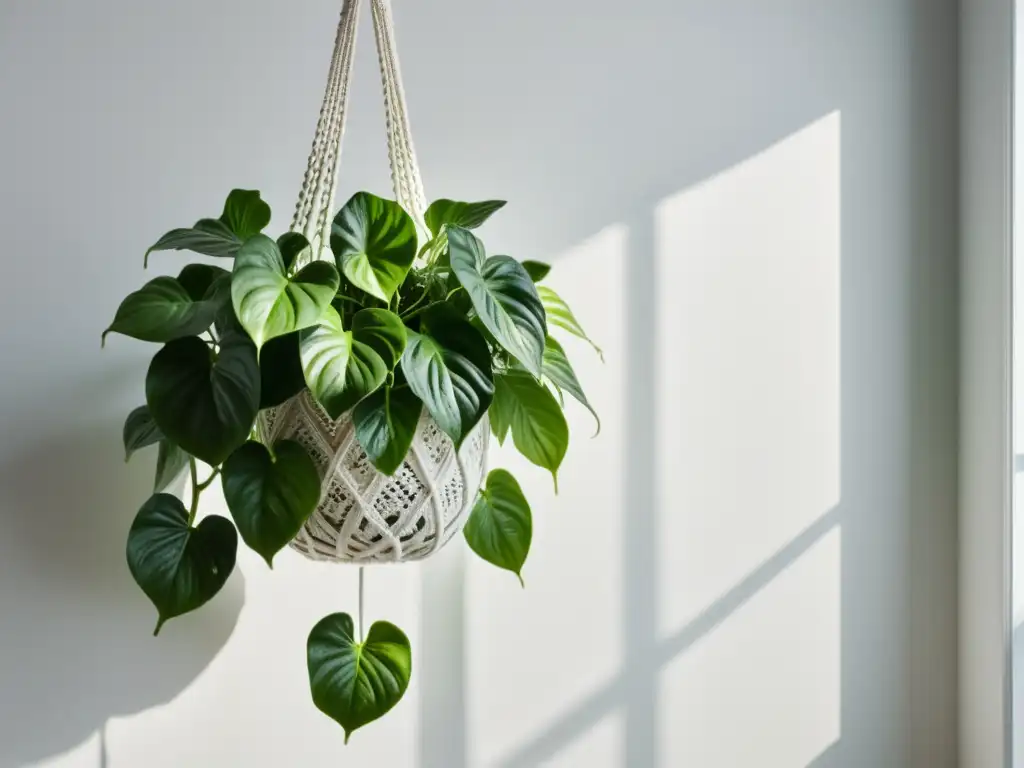 Planta de pothos colgante en macramé blanco, iluminada por luz natural, creando un oasis interior sereno e invitador