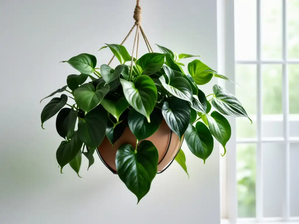Pothos verde vibrante en colgante moderno: armonía Feng Shui Planta de pothos verde exuberante en maceta colgante moderna, iluminada por luz natural