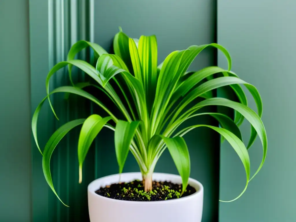 Planta de interior purificadora de aire: detallada fotografía de una exuberante planta araña en una elegante maceta blanca