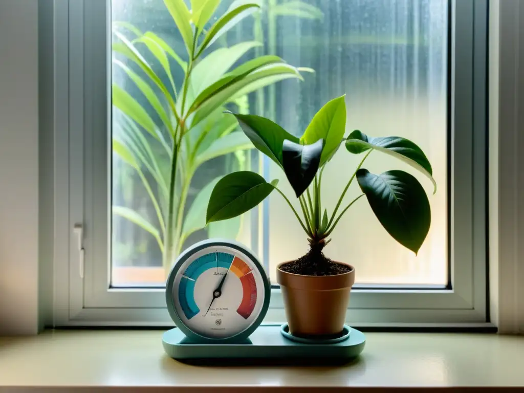 Una planta de interior próspera rodeada de herramientas para la prevención y tratamiento de plagas, bañada por suave luz natural