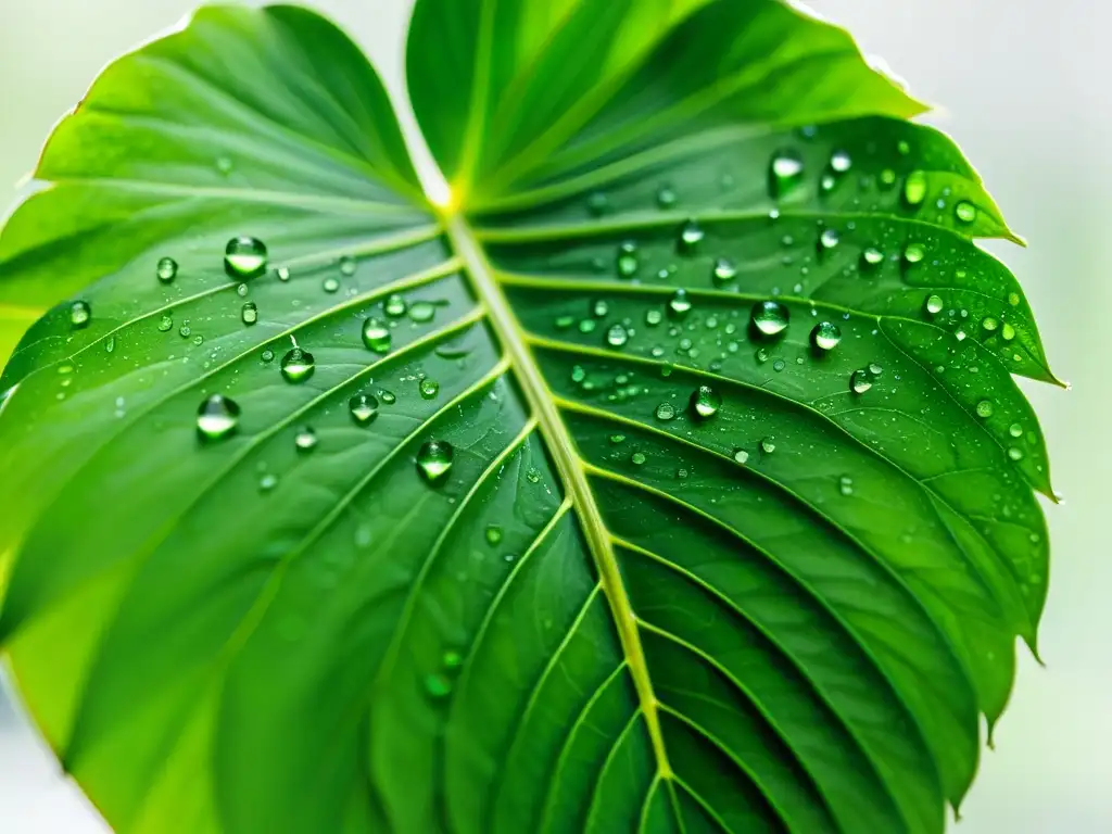 Planta de interior saludable con hojas verdes vibrantes y gotas de agua, promoviendo serenidad y beneficios para la salud