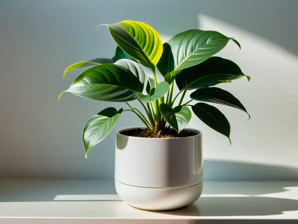 Una planta de interior saludable, con hojas verdes vibrantes y lustrosas en maceta minimalista blanca