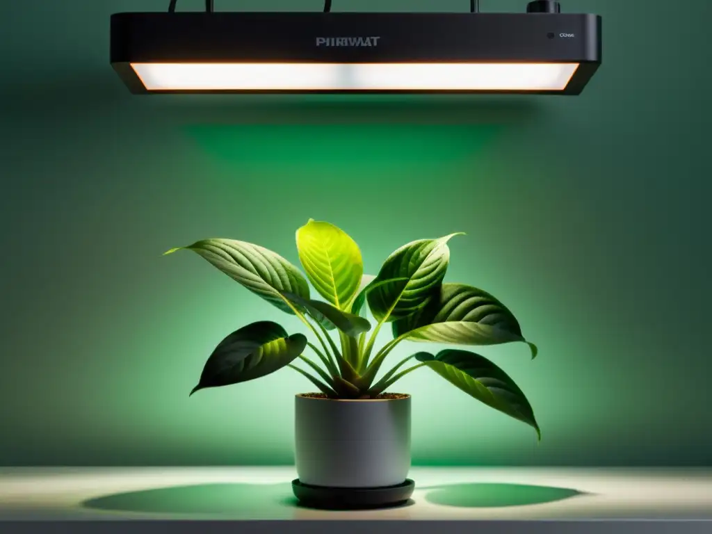 Planta de interior saludable iluminada por moderna luz LED