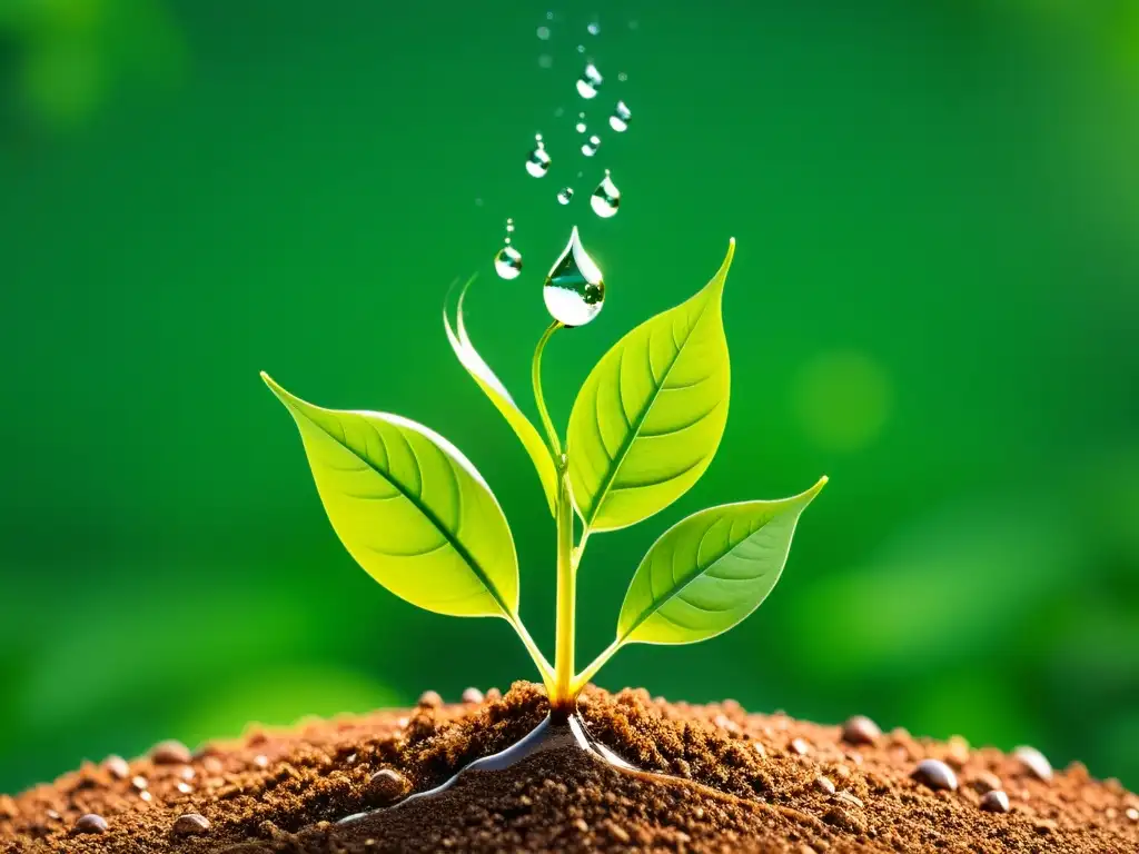 Una planta sana rodeada de gotas de agua, reflejando la luz del sol