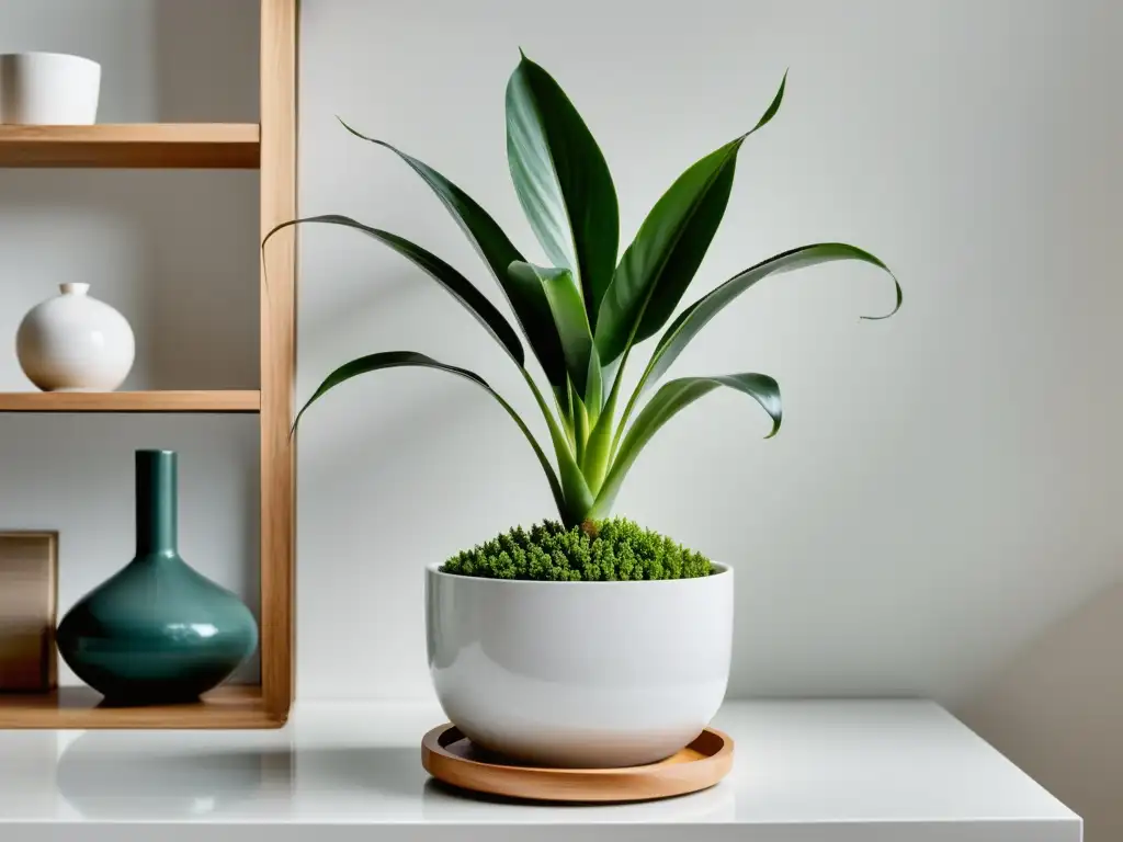 Una planta de serpiente exuberante y verde en una elegante maceta blanca, destacando en un interior moderno