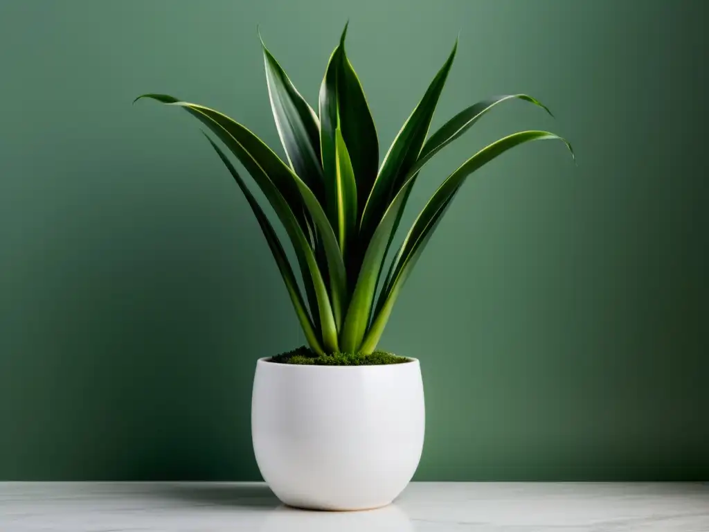 Una planta de serpiente en maceta blanca, acento minimalista en pared blanca