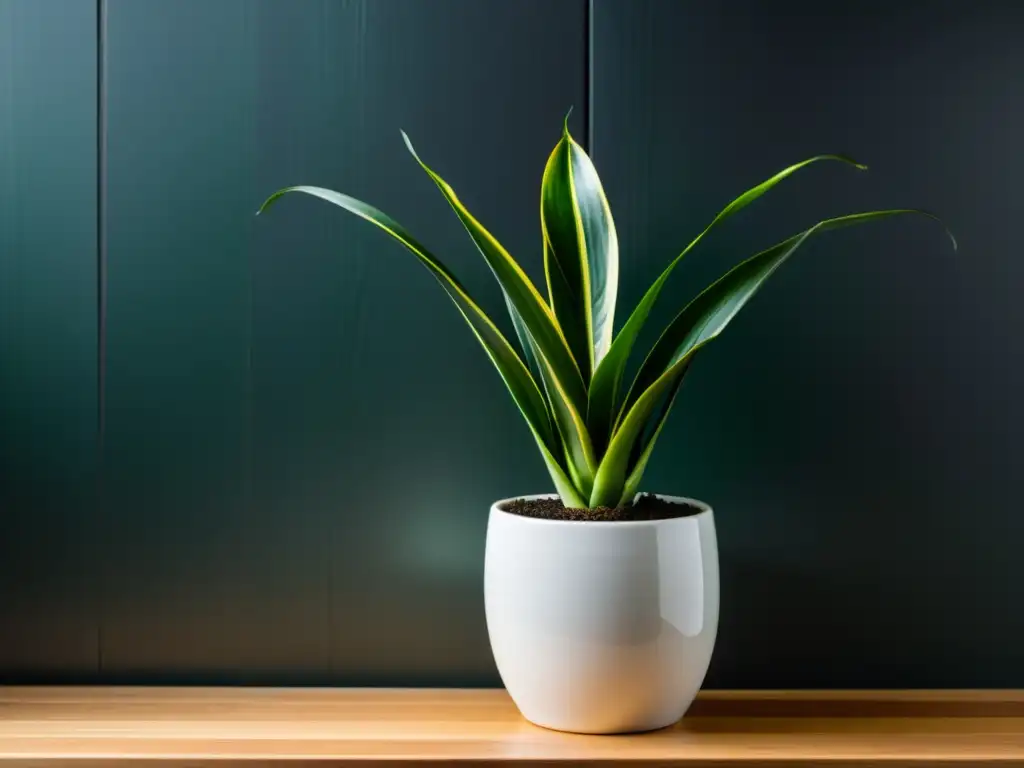 Planta de serpiente en maceta blanca en estante de madera con fondo oscuro