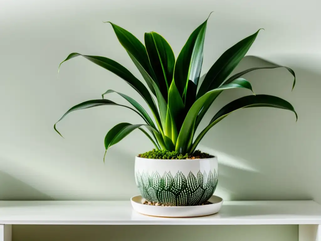 Una planta de serpiente verde exuberante en un elegante macetero blanco, ideal para espacios reducidos