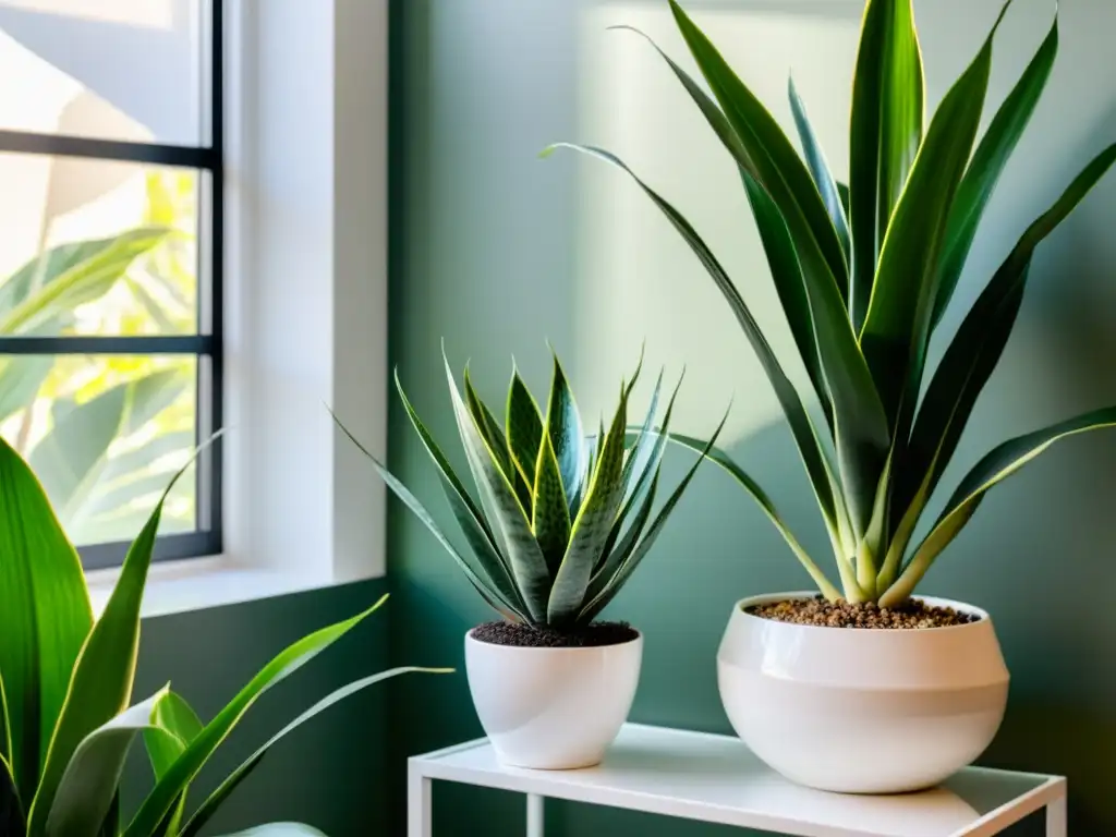 'Planta serpiente en soporte blanco en sala soleada y minimalista