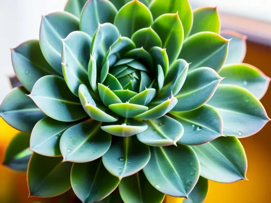 Planta suculenta con gotas de agua, iluminada por el sol