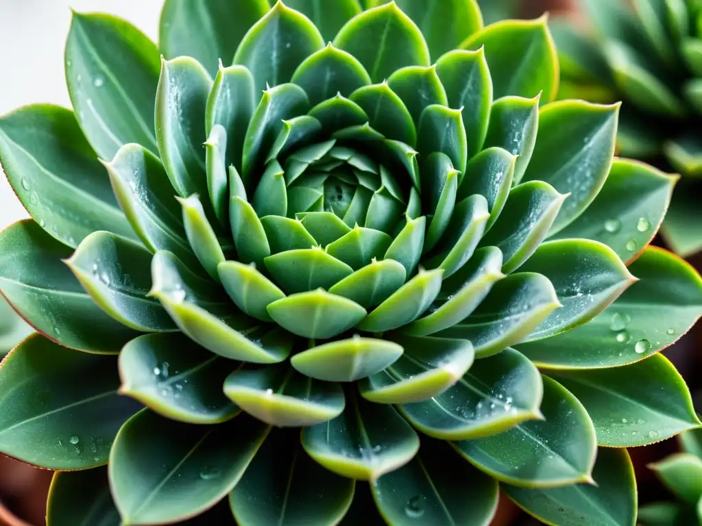 Planta suculenta con gotas de agua, hojas verdes y patrones texturizados