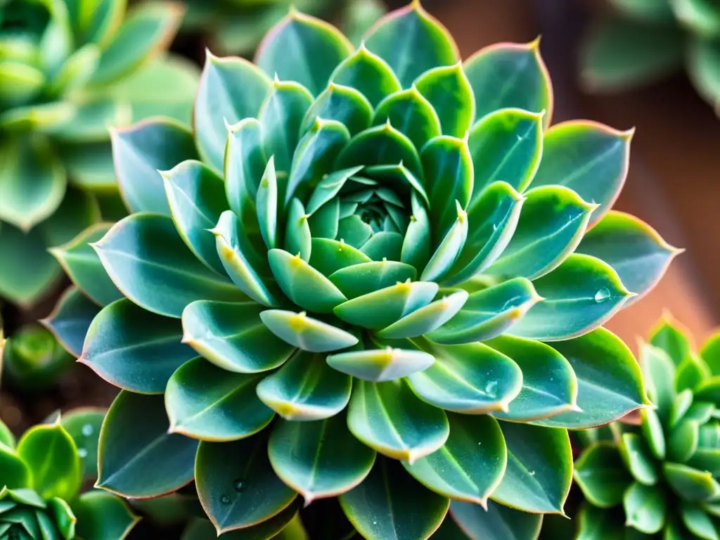 Una planta suculenta interior detallada y vibrante, con hojas verdes relucientes y gotas de agua, capturando frescura y vitalidad