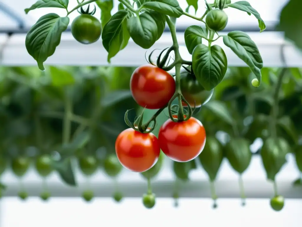 Una planta de tomate hidropónico sana y vibrante con tomates rojos maduros