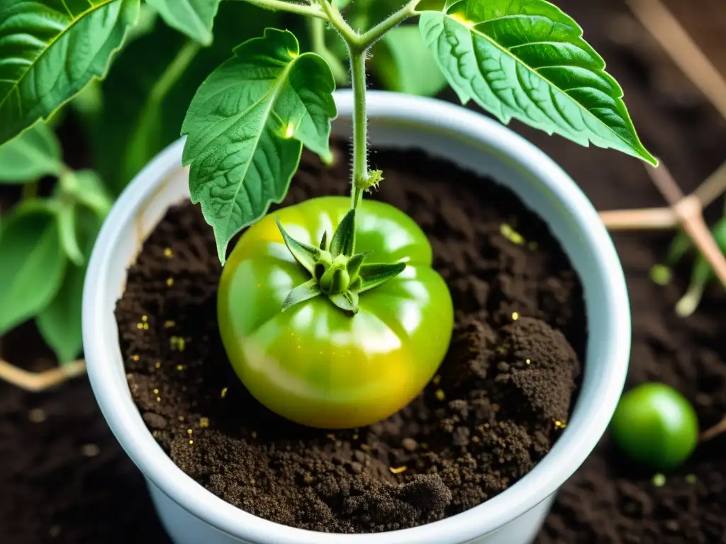 Planta de tomate verde exuberante en suelo biochar, refleja el impacto del biochar en plantas con vitalidad y sostenibilidad