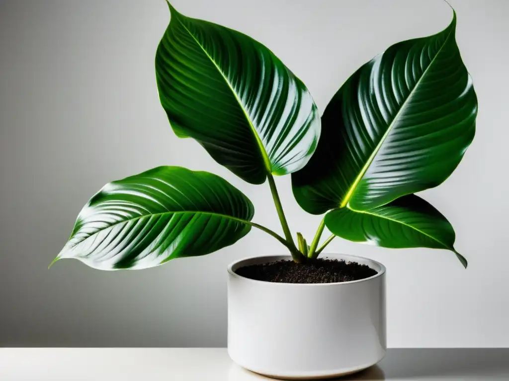 Planta tropical exuberante en maceta blanca moderna, destacando cuidado del suelo para plantas tropicales