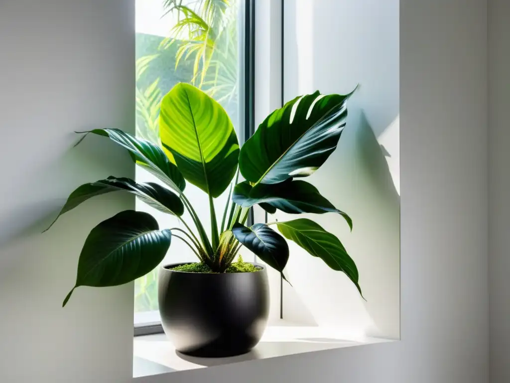 Planta tropical exuberante en maceta moderna, iluminada por luz natural