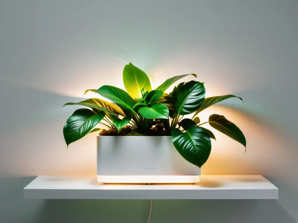 Planta tropical iluminada por LED en estante blanco