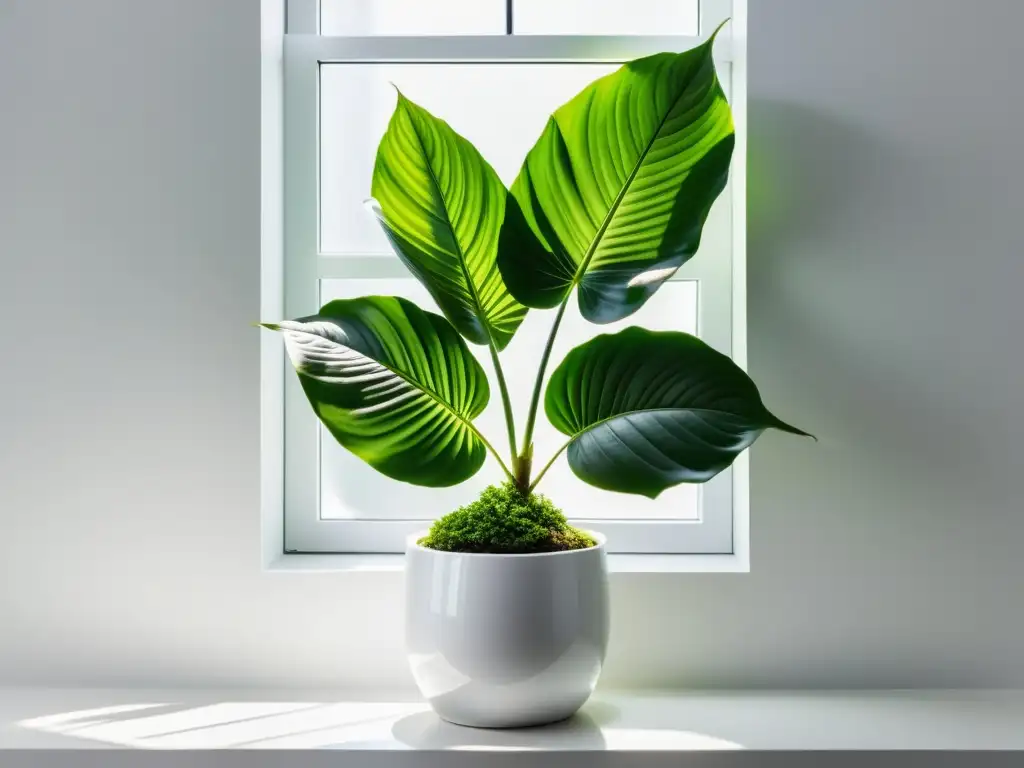 Planta tropical de interior en maceta blanca, iluminada por luz natural