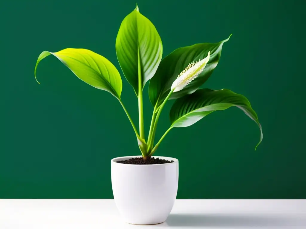 Planta tropical peace lily en maceta blanca en mesa limpia