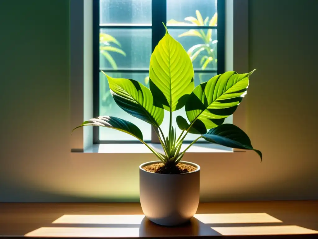 Una planta verde exuberante bañada por la luz del sol a través de la ventana